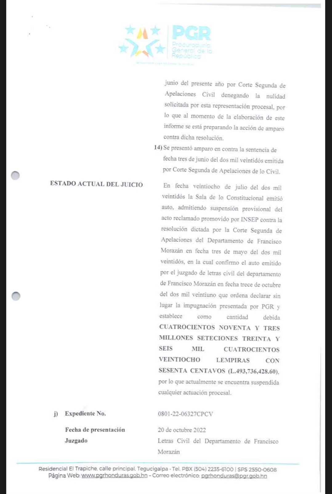 Informe remitido por parte de la PGR